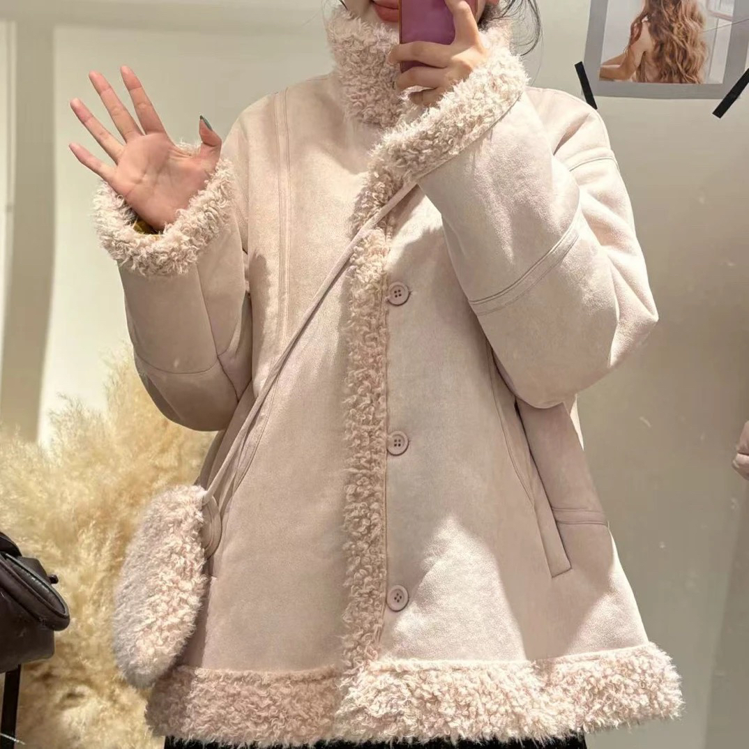 M·The17 2025冬季大码翻领麂皮绒宽松皮毛一体外套搭配包包两件套