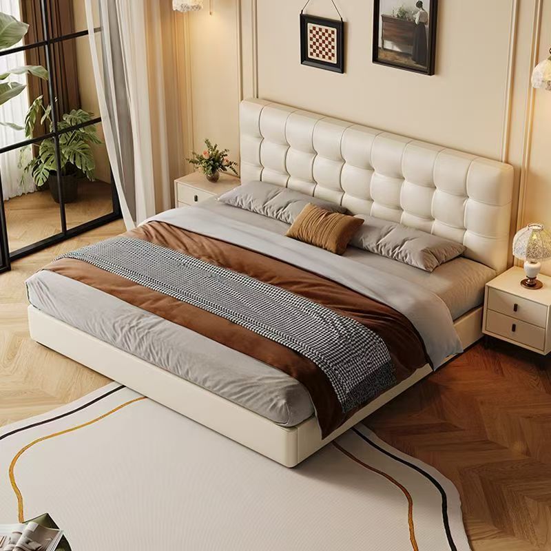 【华夫格】901#矮脚落地头层牛皮双人床主卧室轻奢婚床意式软包床