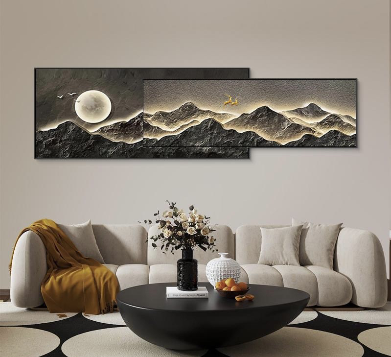 现代客厅叠加装饰画沙发背景墙面创意壁画高级感床头挂画晶瓷壁画