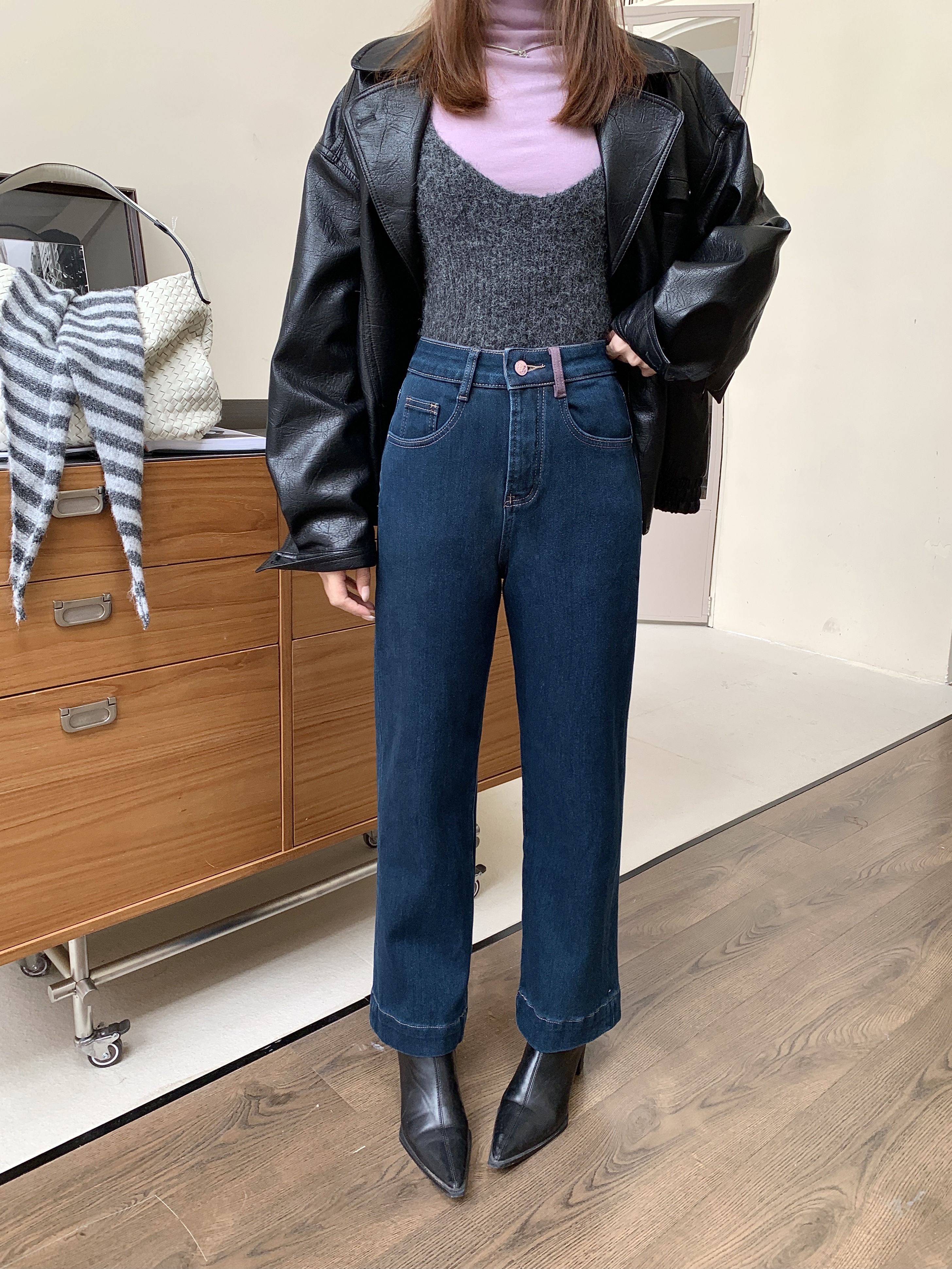 DXW葡萄紫四面弹保暖显瘦加绒直筒女装牛仔裤