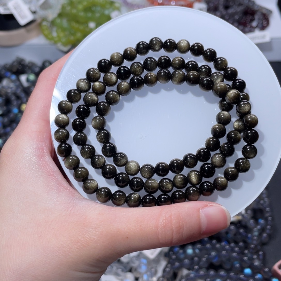 黑曜岩未镶嵌手链多圈金曜石6m+