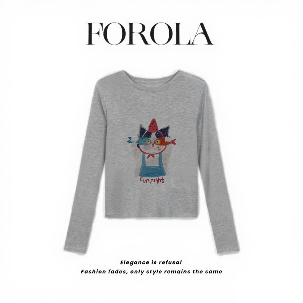 FOROLA 『 逗鱼小猫』2025设计师新款女长袖打底印花CC25440