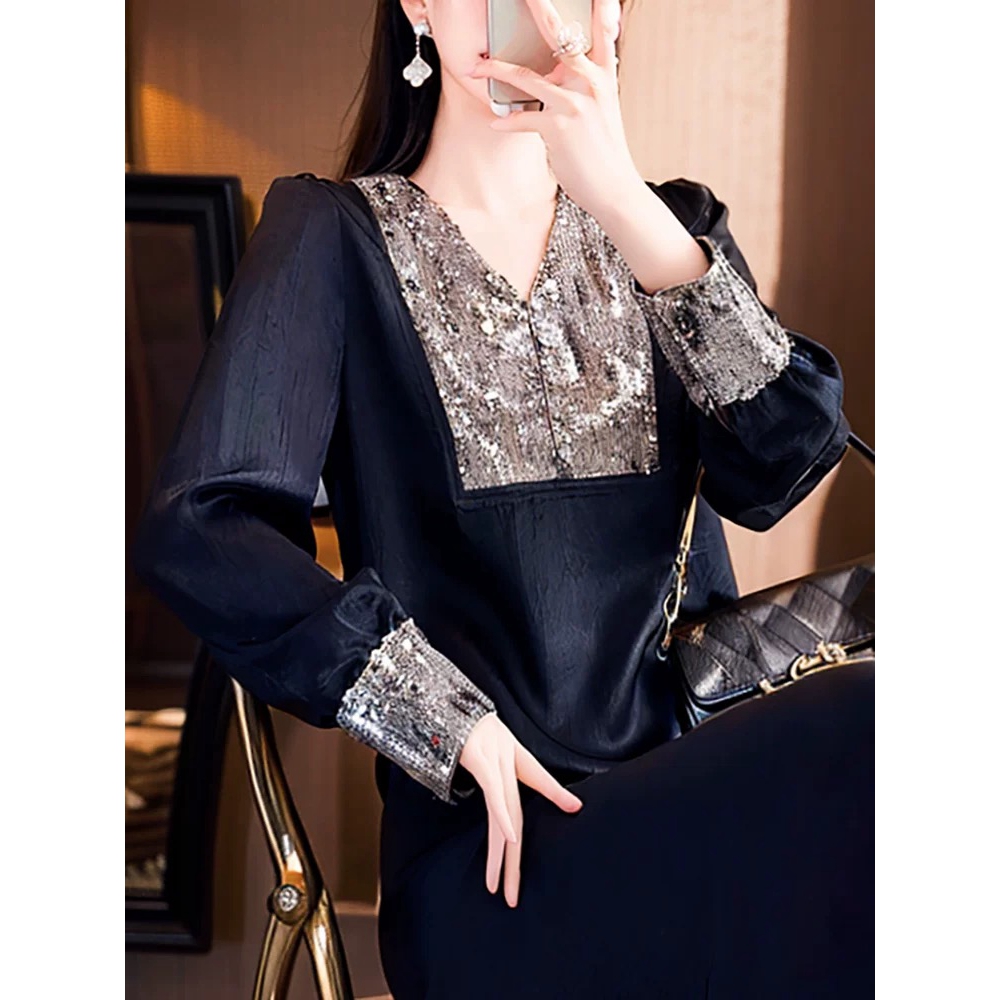 6907高级感复古V领亮片缎面气质衬衫