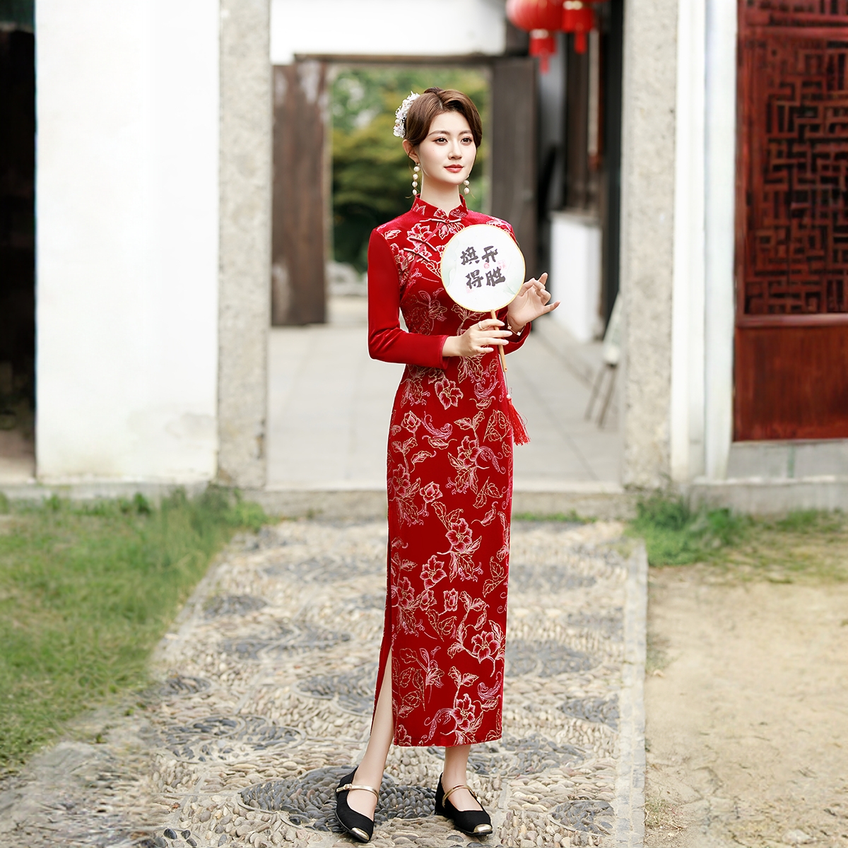 春秋款长袖旗袍丝绒长款时尚红色大气修身显瘦新中式中国风旗袍