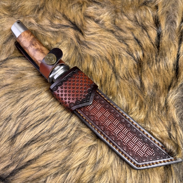 飘香崖柏大马士革钢多功能户外手把肉刀