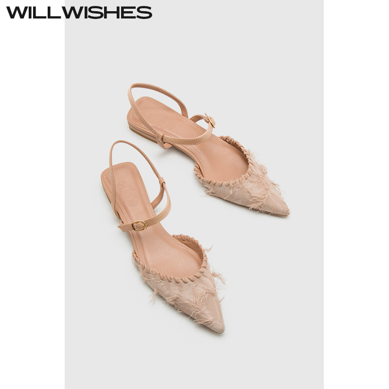 WILLWISHES/王玎女士凉鞋2025年春夏新款尖头浅口平底鞋流苏拖鞋