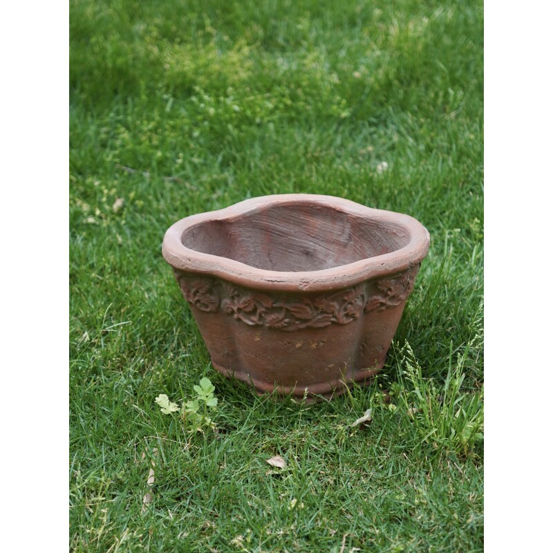 手压粗陶花盆红陶盆复古花盆花园摆件