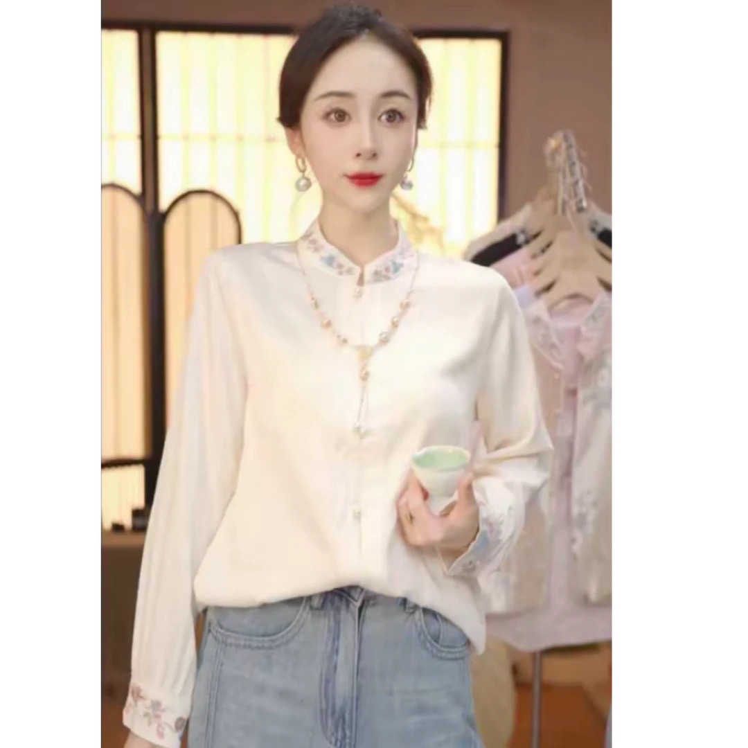 国风中式刺绣蝴蝶圆领宽松型衬衫圆领长袖上衣