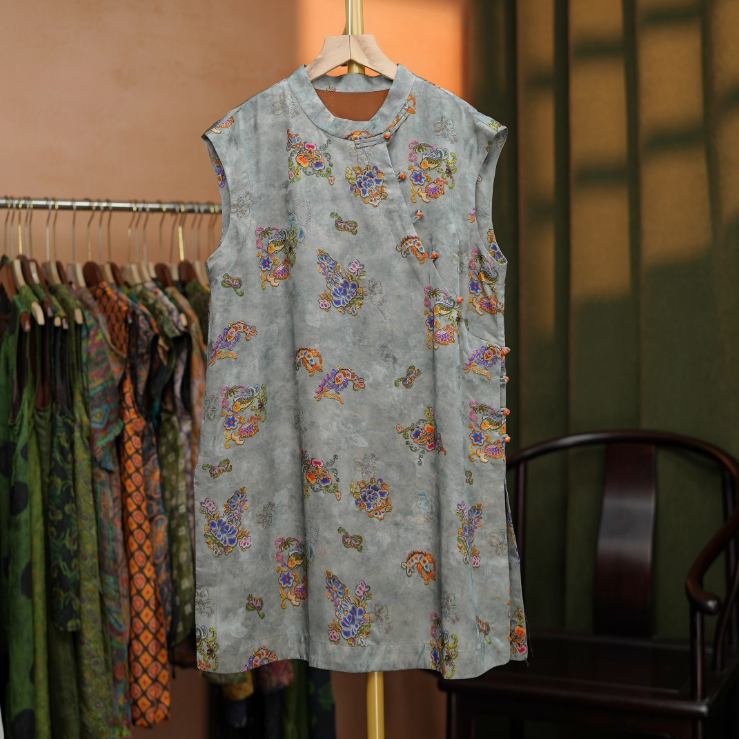 {婵不知雪}奥黛民族风无袖改良旗袍裙长款上衣时尚提花斜襟中国风