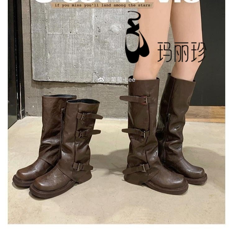 内增高中长筒褶皱骑士裤管靴女堆堆靴棕色厚底废土风西部牛仔靴子