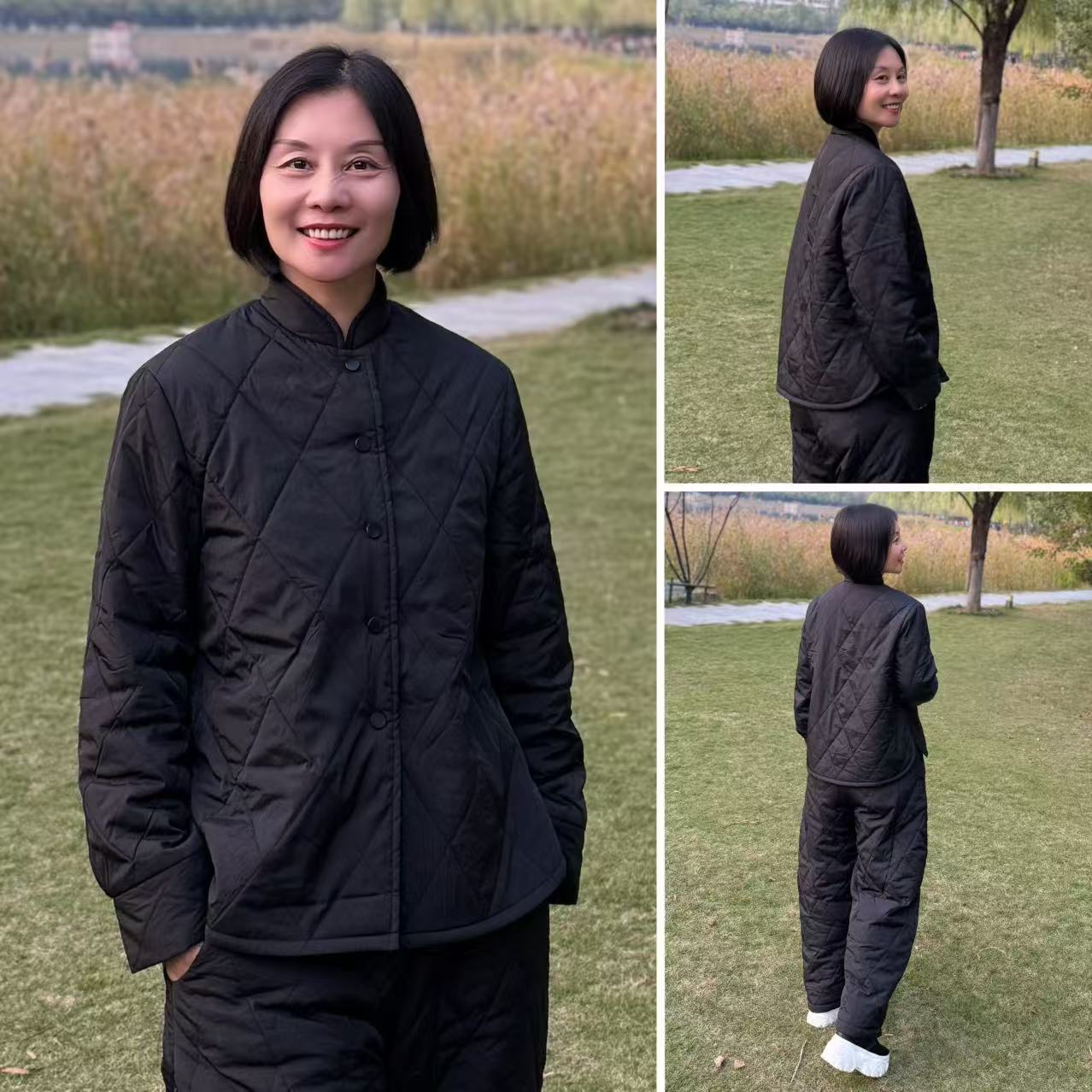 【土花花】黑色百搭打底对襟按扣保暖棉服（带口袋）