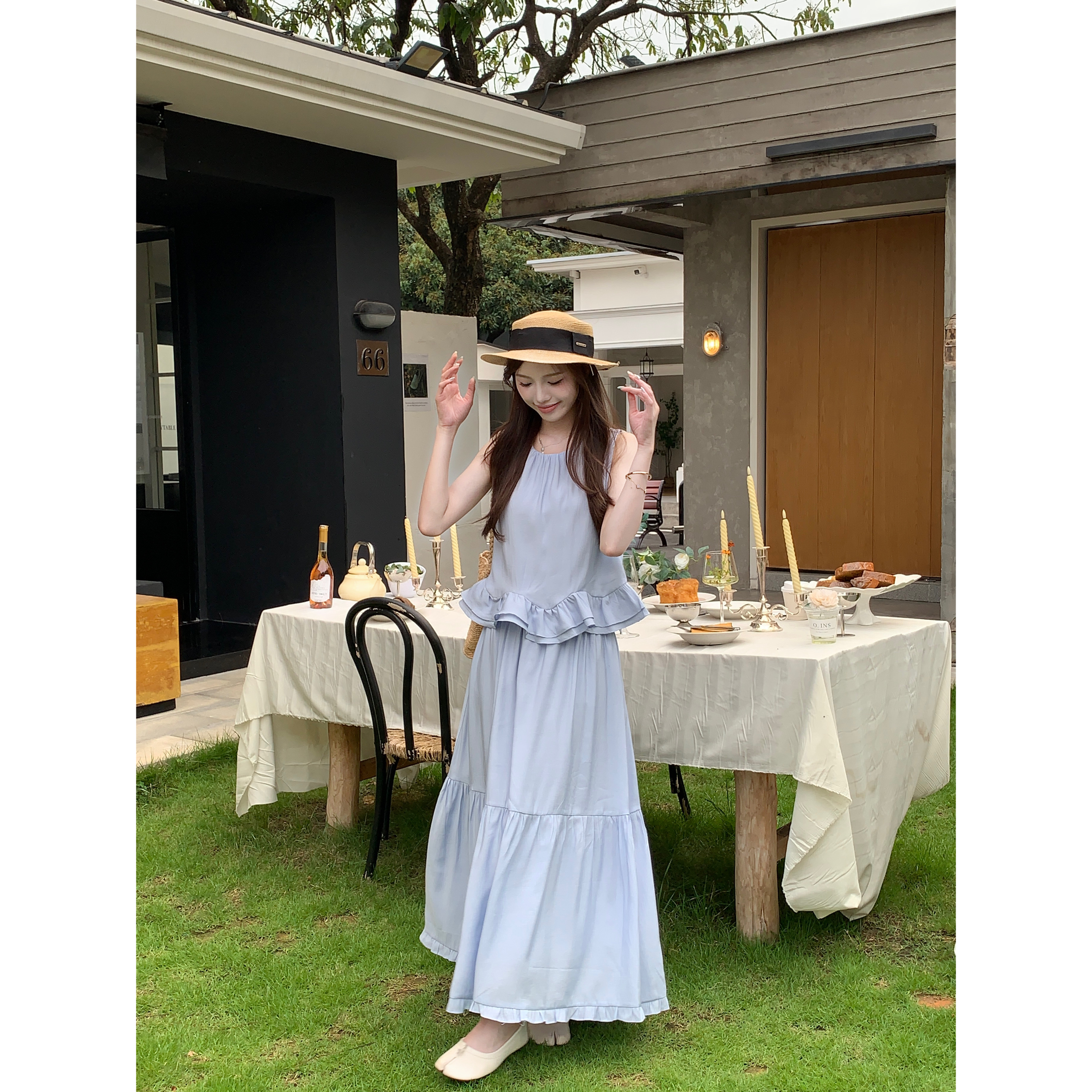 【蓝风铃】夏季高腰显瘦百搭荷叶边无袖小衫+半身裙套装