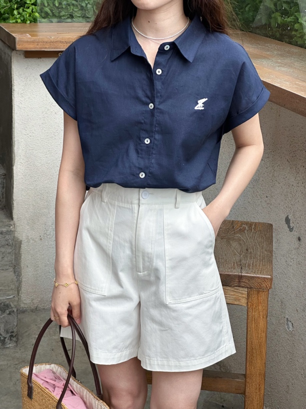 丁丁～高智感/坎肩刺绣小设计特染麻料衬衫