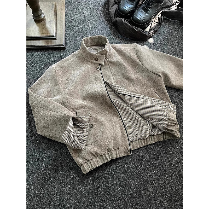 美式复古树纹肌理千鸟格外套男春秋设计高级感潮流立领哈灵顿夹克