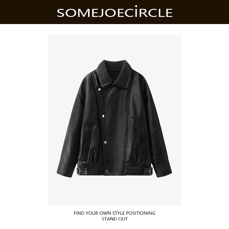 SOMEJOECIRCLE【外套】新款斜扣机车风百搭宽松加绒PU皮衣外套U8055