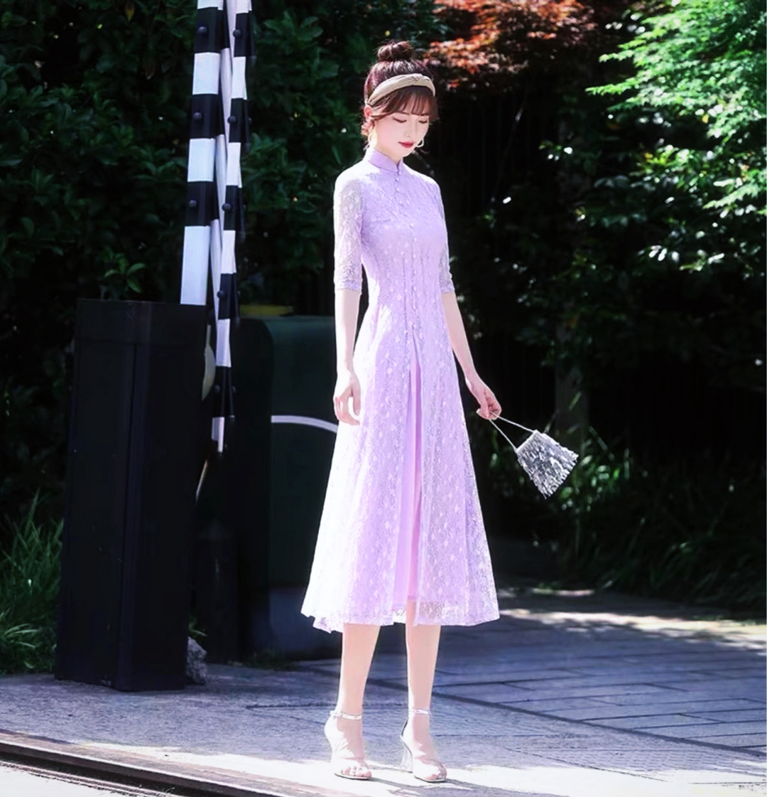 410-紫色 蕾丝 大奥戴连衣裙 旗袍