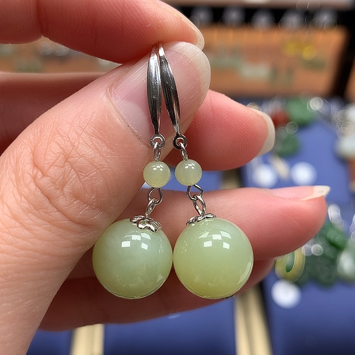 和田玉银S925镶嵌耳饰12左右黄口