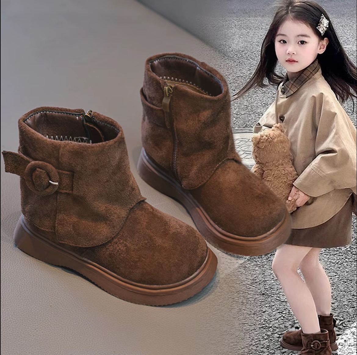 儿童马丁靴2025冬季复古短靴女童洋气加绒堆堆靴子绒面时尚演出软