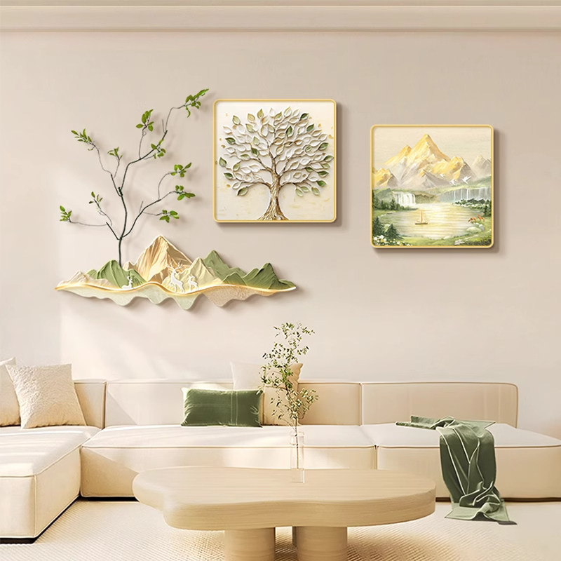 奶油风客厅装饰画轻奢餐厅画饭厅组合壁画高档沙发背景墙挂画金山