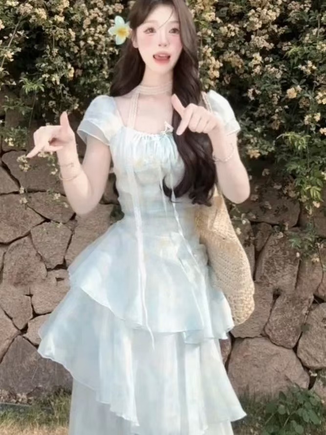 【绮镜漫花】夏季甜美风浅色碎花连衣裙收腰显瘦连衣裙