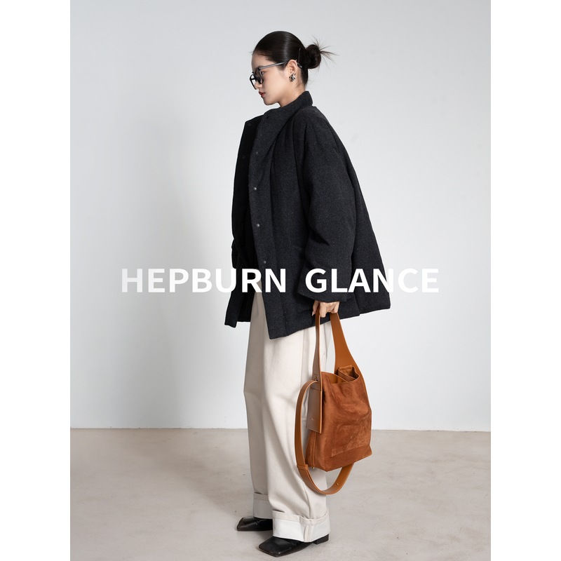 HG/極简老钱风_羊毛面料90白鹅绒羽绒服女立领中长款单排扣外套