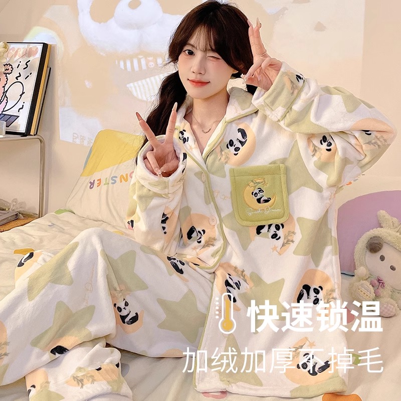 2024年冬季新款睡衣女星月熊猫长袖开衫可外穿保暖宽松家居服套装