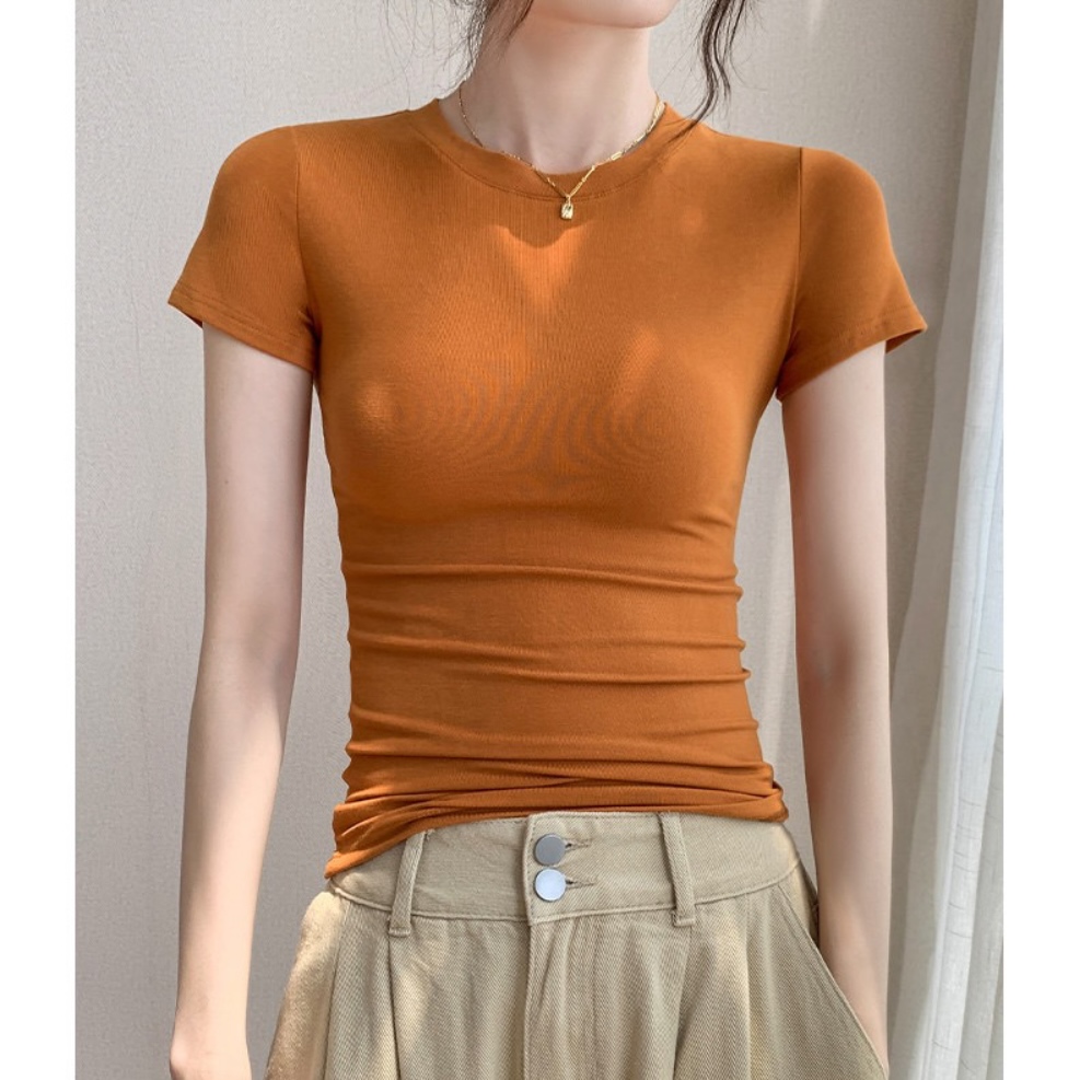 【周卓函定制】圆领正肩短袖T恤女2025夏季新款百搭显瘦收腰上衣