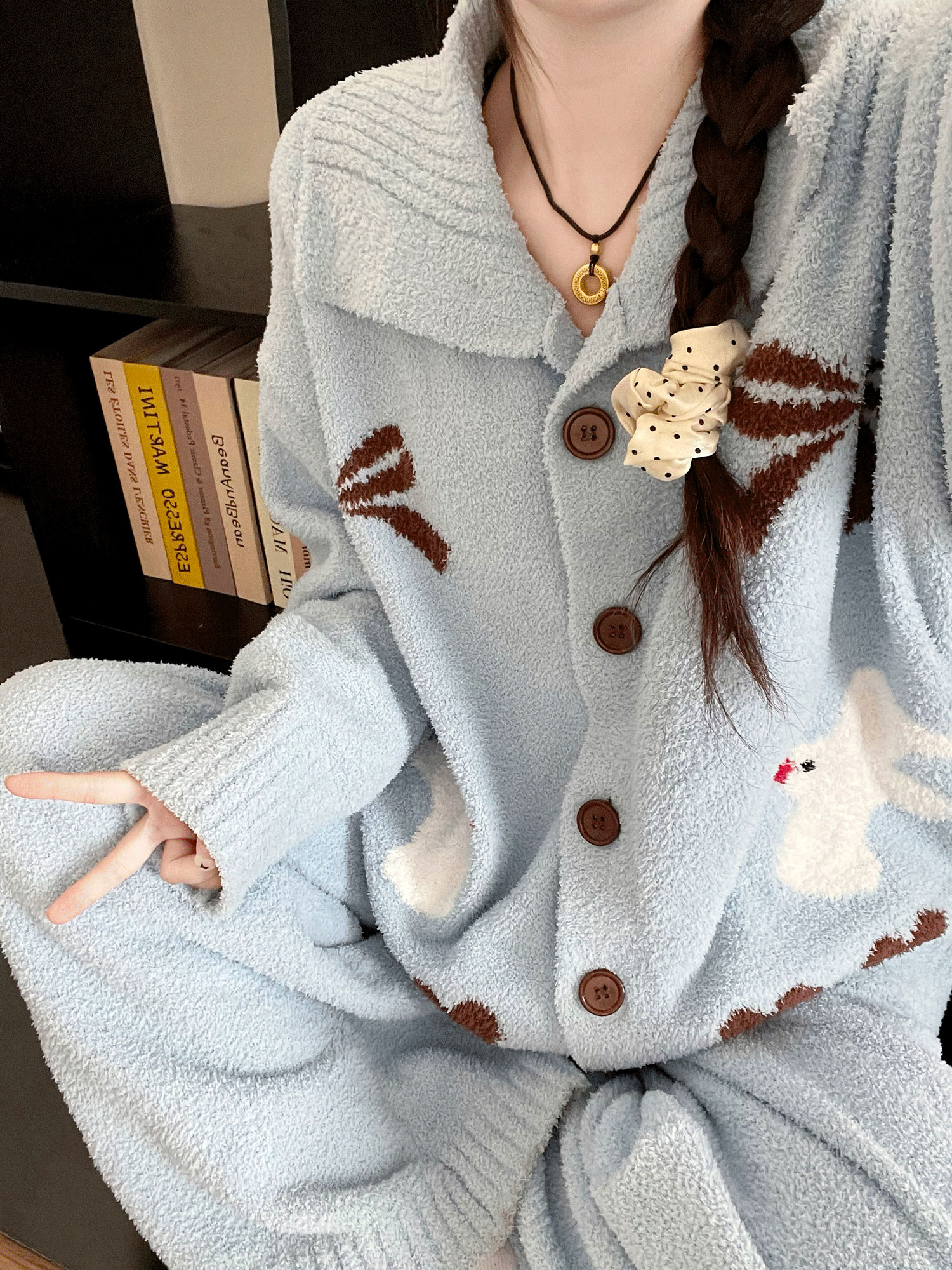 韩系可爱白鸽印花半边绒睡衣女款冬季慵懒感加绒保暖家居服套装冬