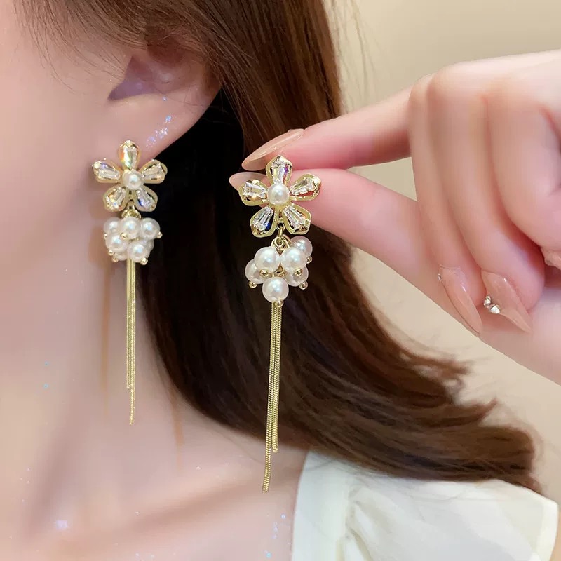 铜合金锆石耳饰 花朵气质轻奢时尚超仙长款耳环