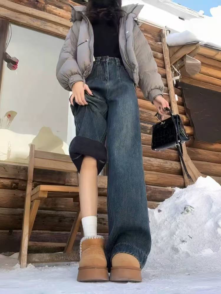 401-600加绒女款牛仔裤弯刀裤老爹裤靴子裤长款高腰休闲风冬季