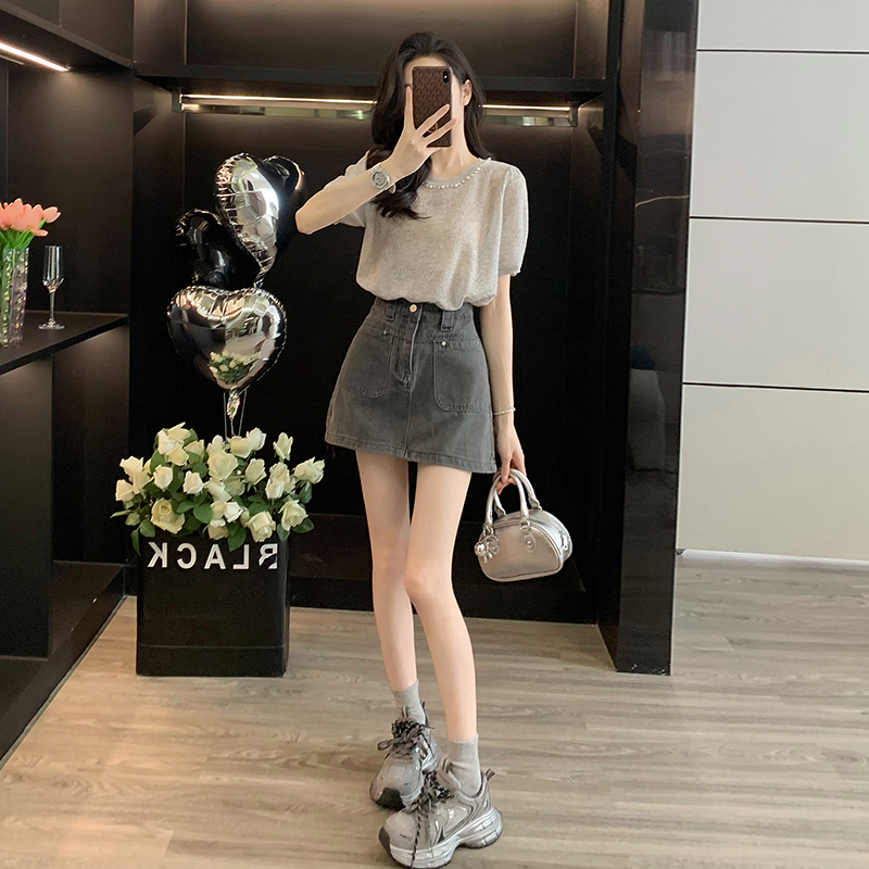 灰色圆领钉珠薄款短袖针织衫女小个子高腰显瘦a字牛仔短裙半身裙