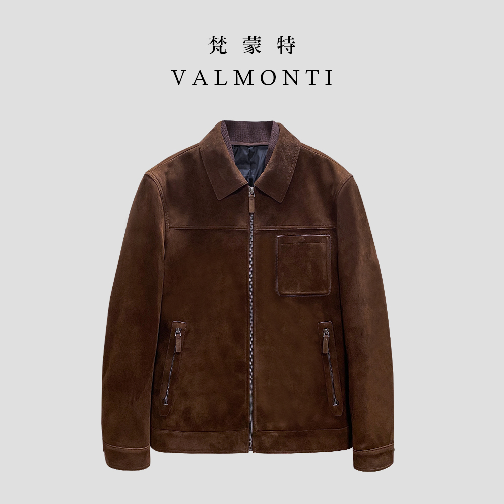 Valmonti男士秋冬白鹅绒反绒山羊皮手工油边翻领百搭复古夹克外套