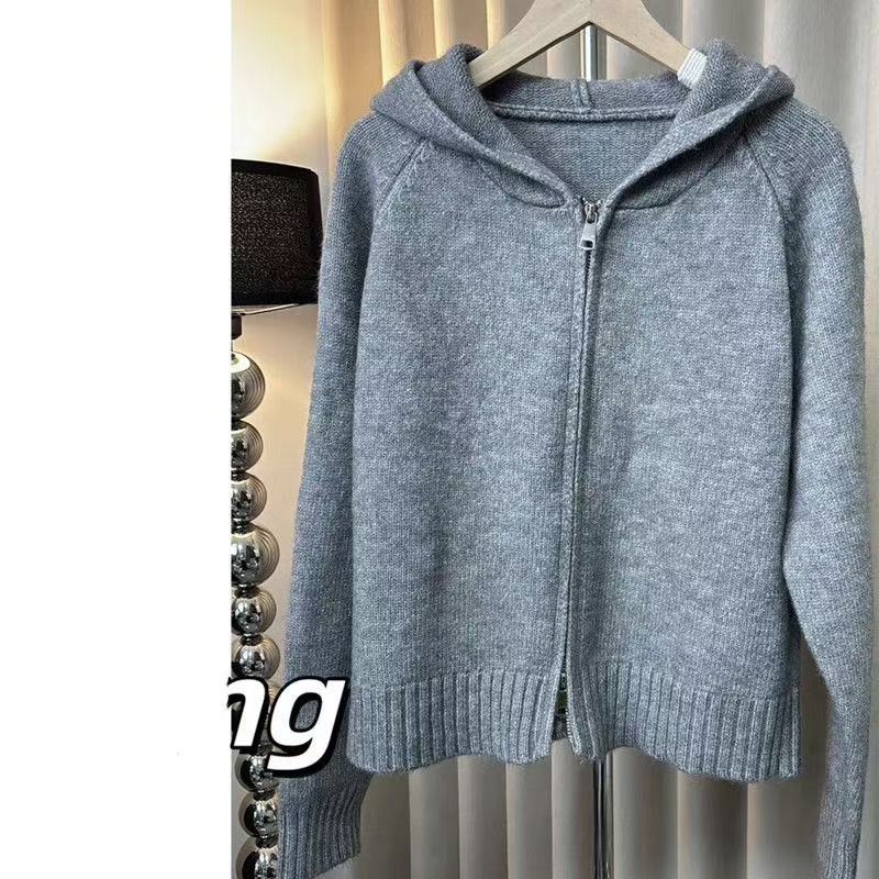 527区灰色百搭衫插肩袖毛针织衫连帽秋冬