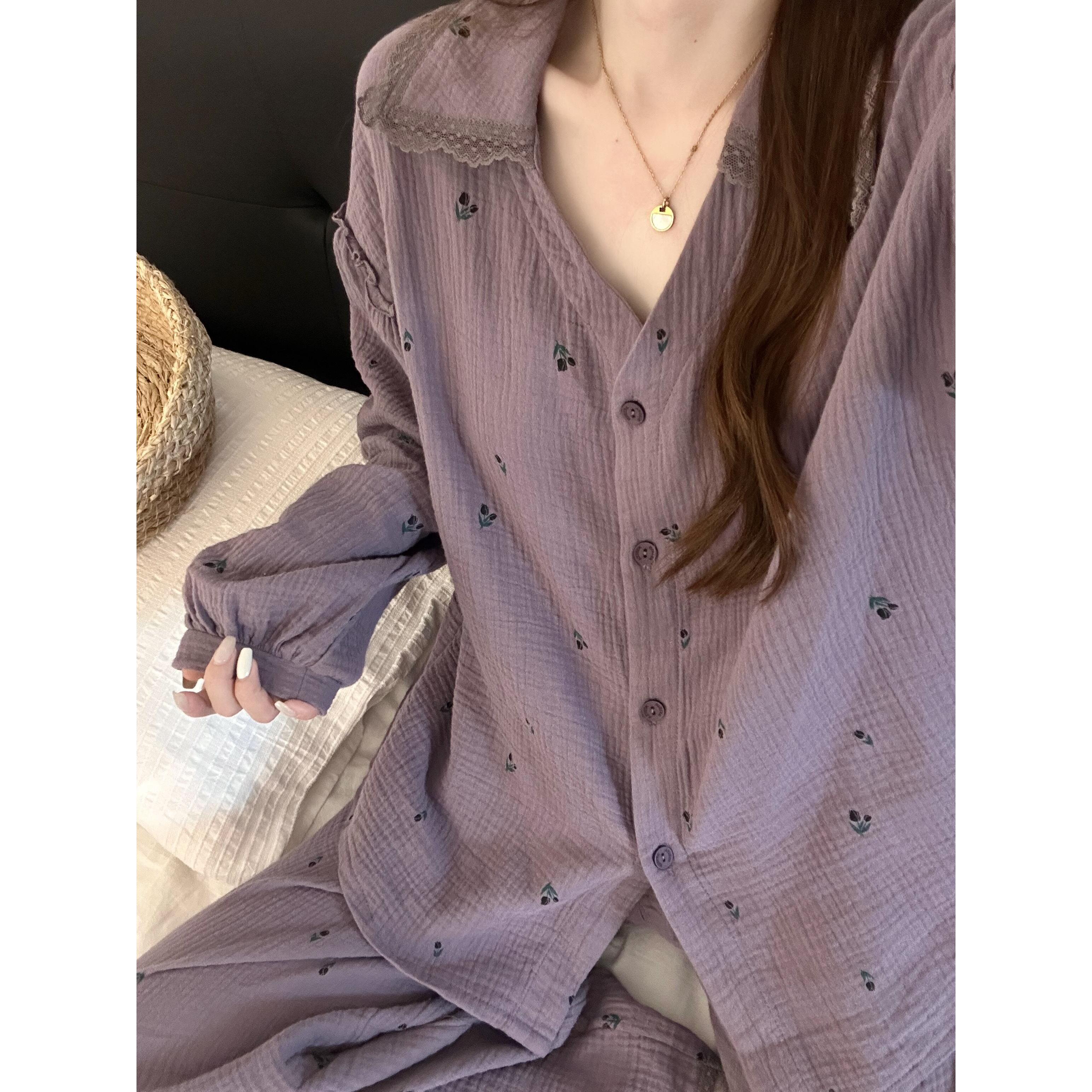 韩系甜美紫色双层棉纱睡衣女夏新款大码长袖长裤家居服套装可外穿