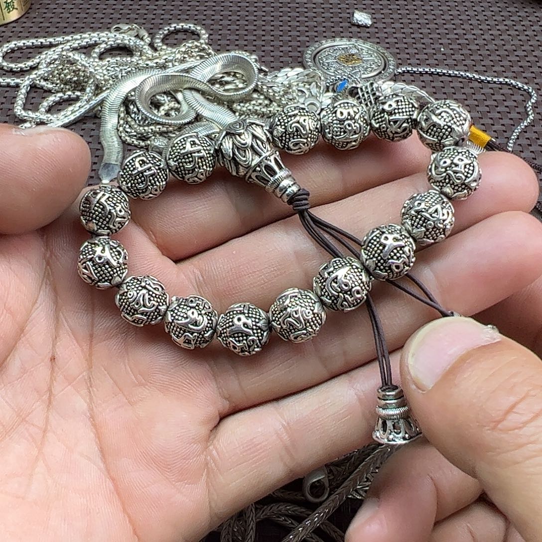 老银，925六字箴言手串