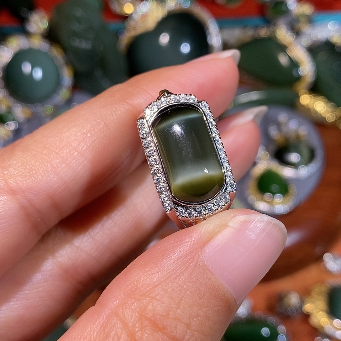 和田玉（碧玉）银S925镶嵌戒指