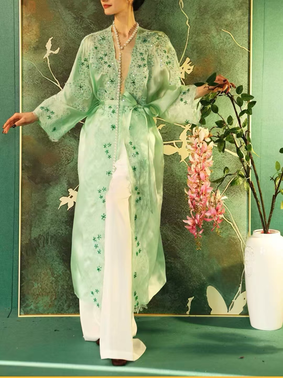 【李小姐】设计师款订珠刺绣蕾丝边国风长款开衫女外套时尚高定气质