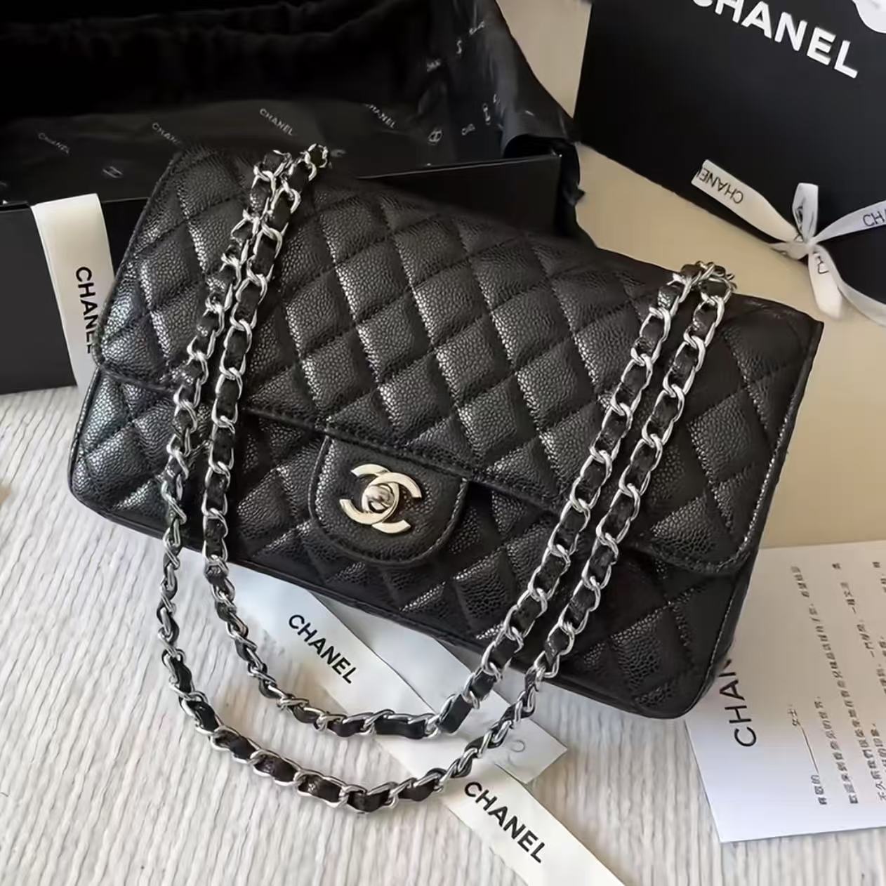 99新 Chanel/香奈儿 Chanel黑银荔枝cf中号 25120121-04