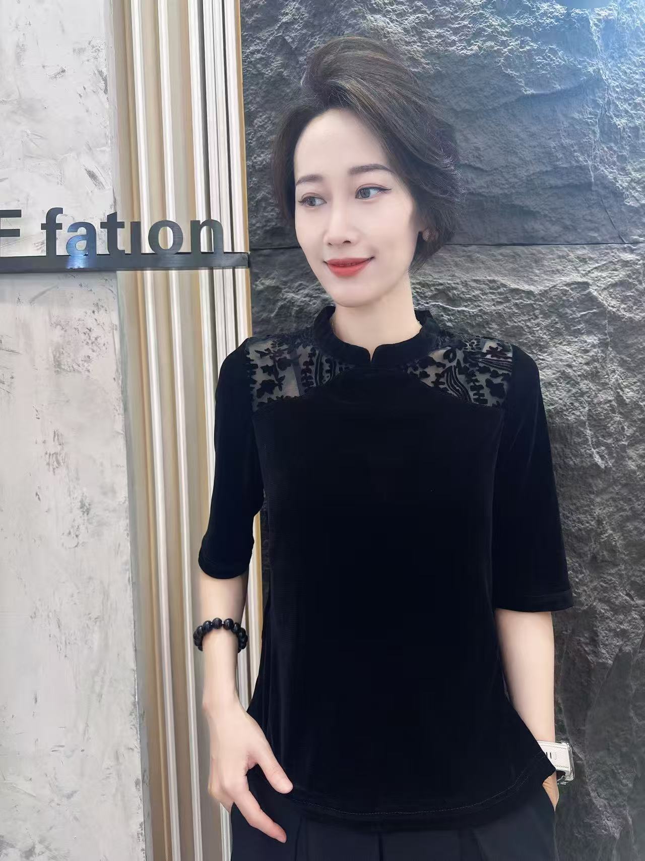 时尚新中式醋酸满绒拼接镂花真丝丝绒