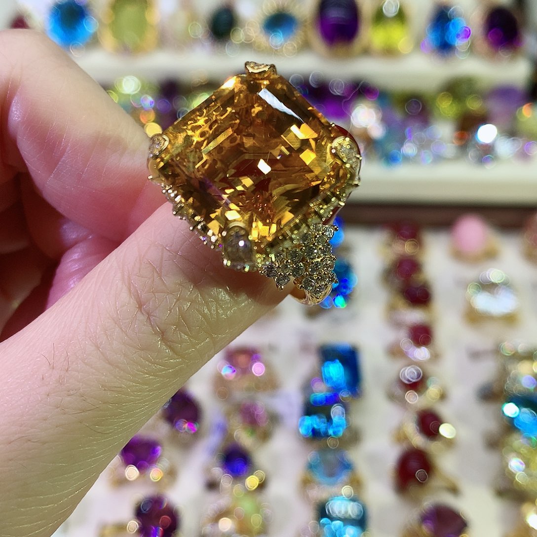 黄晶戒指银S925镀金镶嵌