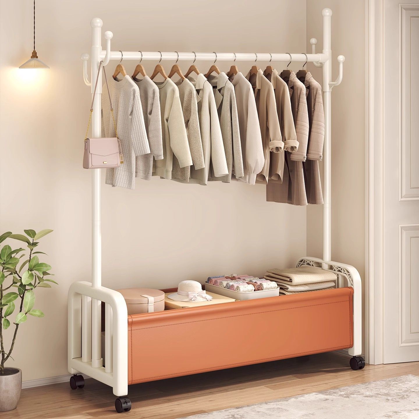 可移动落地衣帽架落地式立式晾衣架室房间挂衣架子皮质衣服收纳架