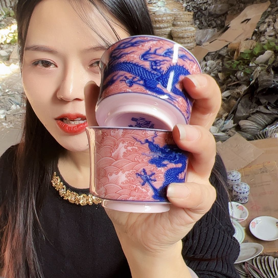 摆件陶景德镇红xixi龙杯2个