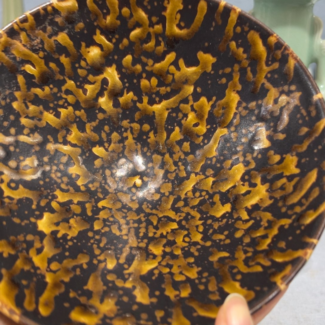 绿***木陶摆件吉州窑虎斑斗笠碗