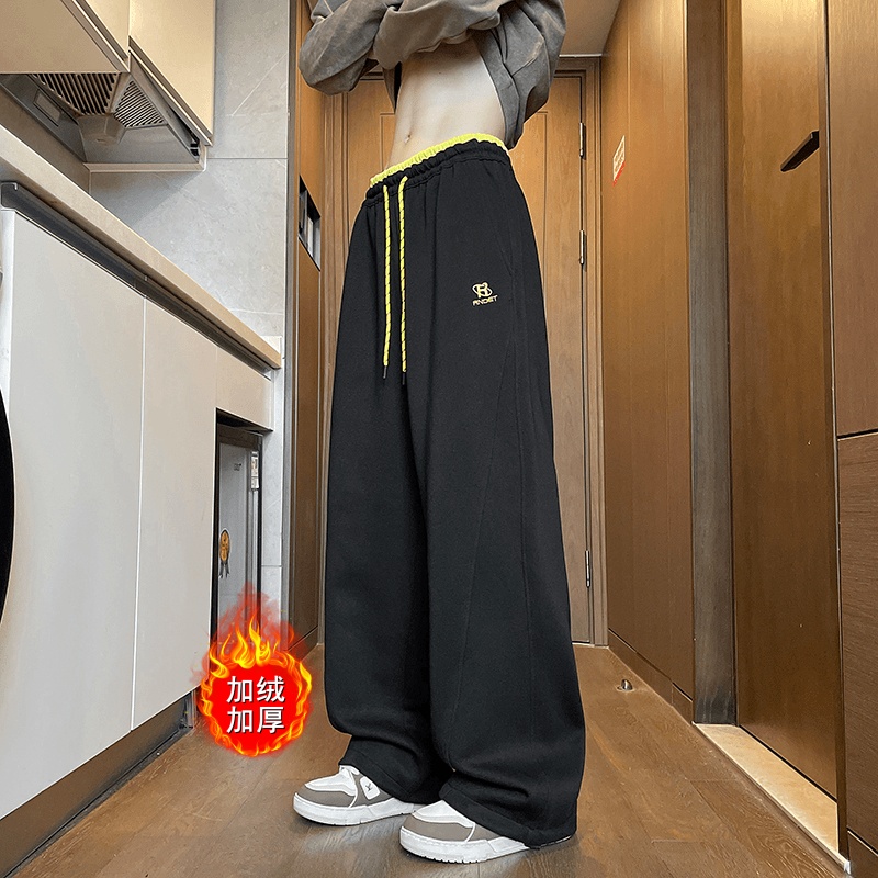 加绒加厚青少年学生休闲裤子男生秋冬阔腿直筒长裤抽绳运动卫裤男
