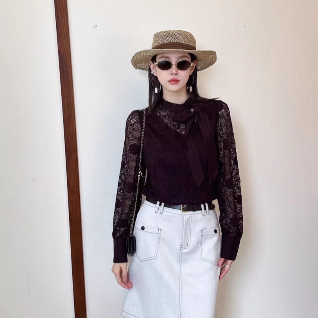 法式质感系带领蕾丝提花宽松衬衣欧货秋款上新衬衫女2858 (C10-2)