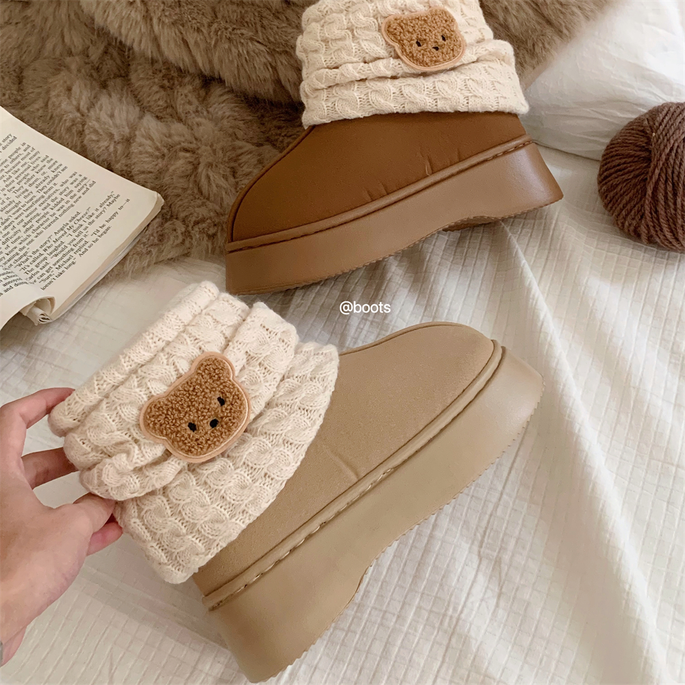 细细条 外穿厚底增高时尚中筒靴趣味小熊拼针织筒防水雪地靴女冬