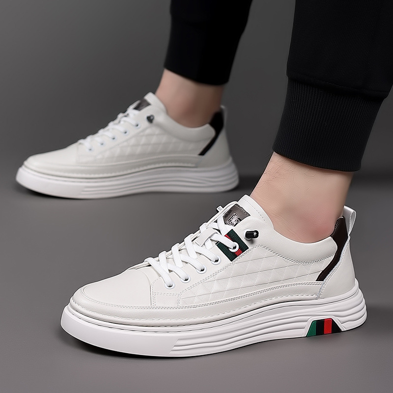 夏季新款英伦风运动小白鞋真皮厚底潮流增高免系带透气男士板鞋