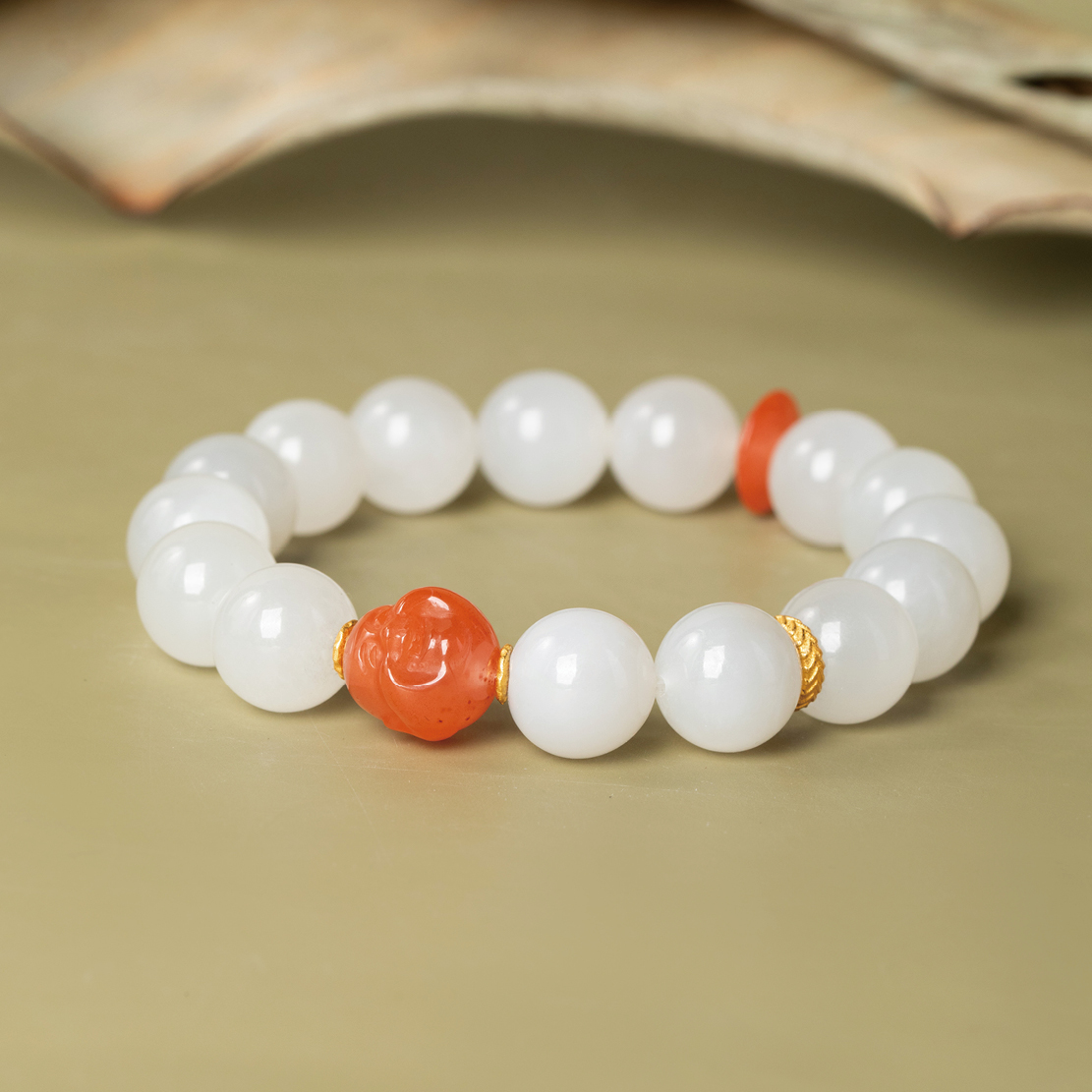 由子野【相见欢】12mm老料和田玉手串  冰飘佛头 18K金