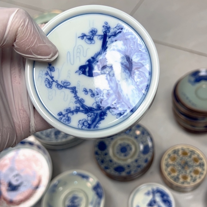 瓷片白青花喜上眉梢实心盖置