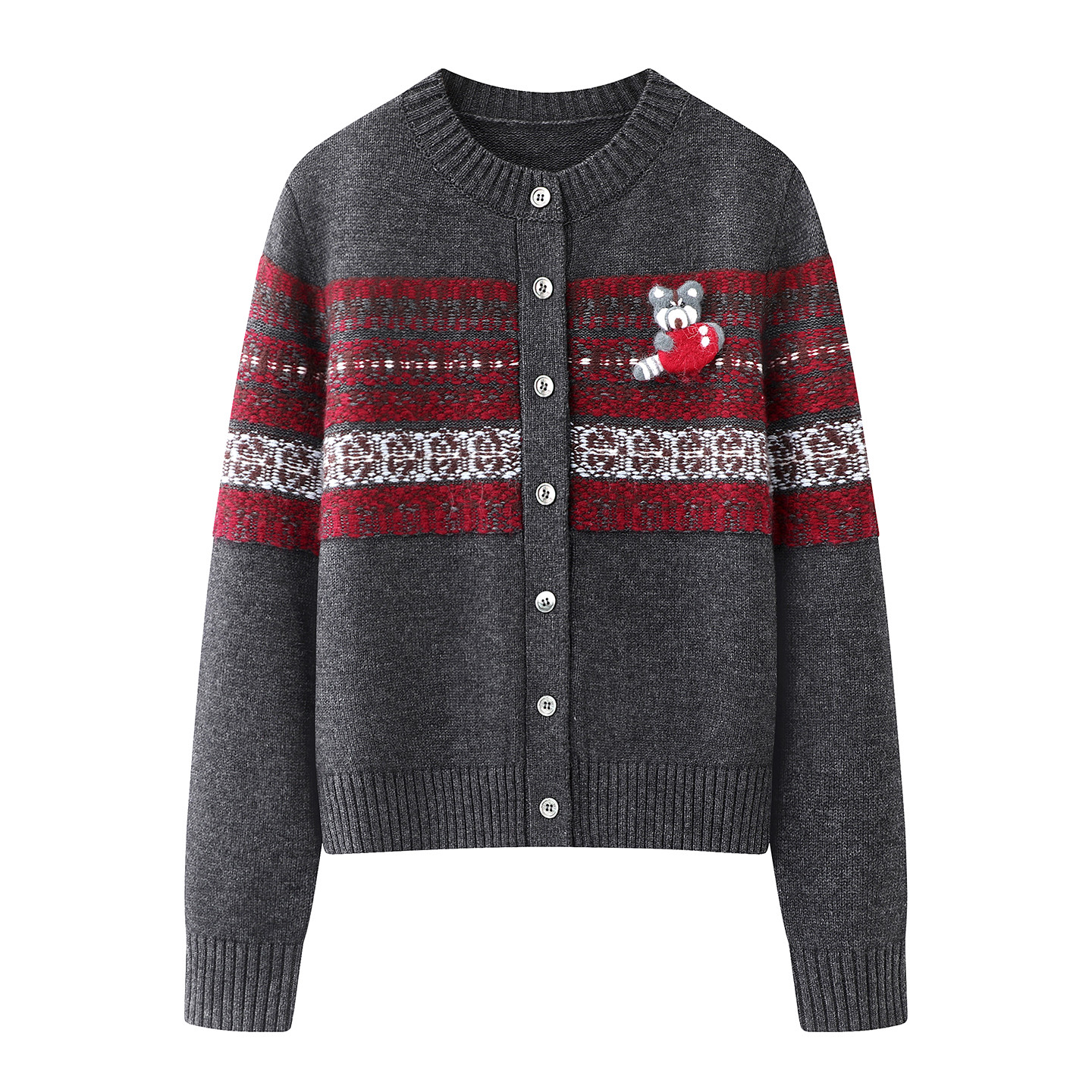 艾家2025灰色复古提花撞色针织开衫条纹纽扣韩版时尚洋气毛衣0117